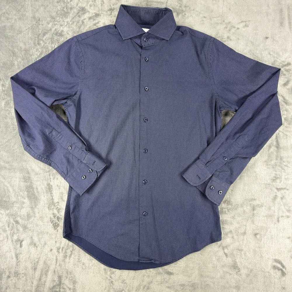 Nordstrom Rack Men's 14.5 32/33 Navy Dot Trim Fit Long Sleeve Dress Shirt